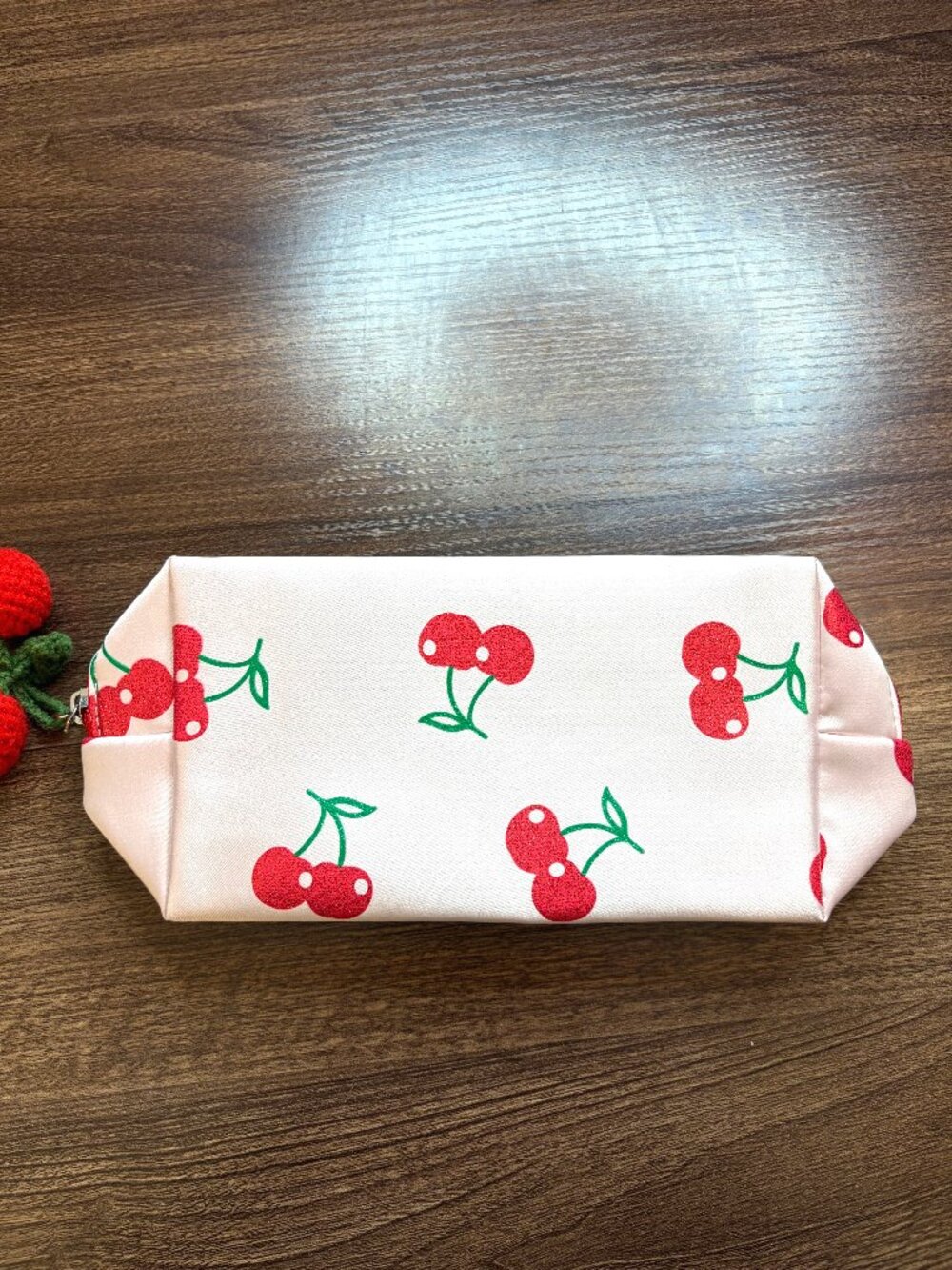 Cherry Print Makeup Pouch Zipper Bag with Crochet Cherry Charm Set - Picture 2 of 4